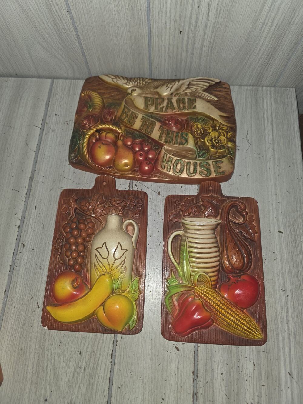 Vtg Miller Studio Chalkware Wall Plaque Set 1971 Rustic Kitchen Country Harvest
